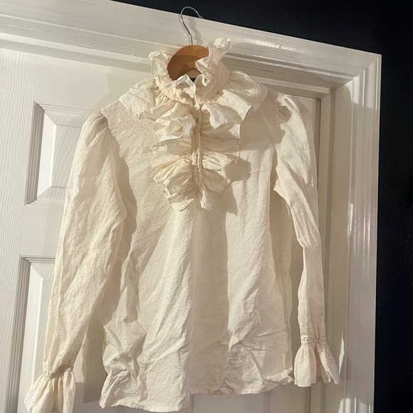 levante Tops - Elegant 100% Silk  Ruffled White Blouse